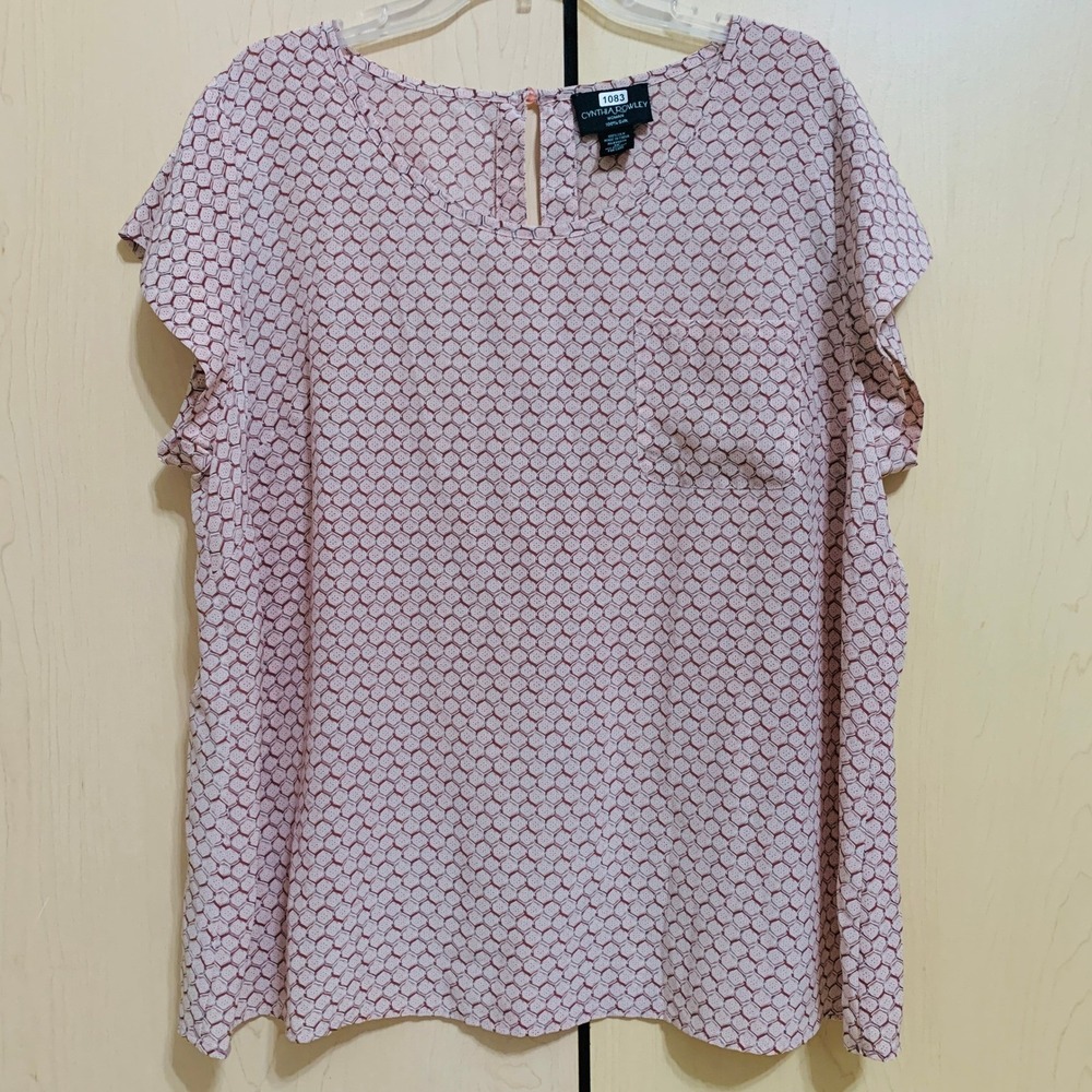 Cynthia Rowley Womens Plus 1X Silk Blouse Cap Sleeve Keyhole Back Geometric Pink